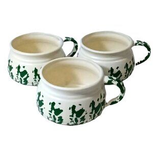 Set of 3 Green & White Country Kitchen Soup Mugs/Bowls, Unbranded, Spongeware??